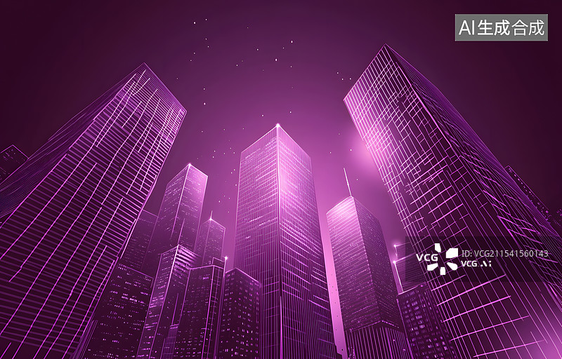 【AI数字艺术】紫色粉色赛博朋克风格发光城市建筑群中央商务区城市天际线，商务金融科幻科技物联网互联网未来科幻概念图图片素材