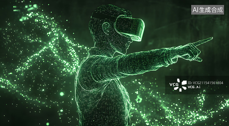 【AI数字艺术】一个人男人戴着VR虚拟现实设备，站在绿色发光空间中，伸出一只手触摸发光粒子，赛博朋克虚拟现实概念插画图片素材
