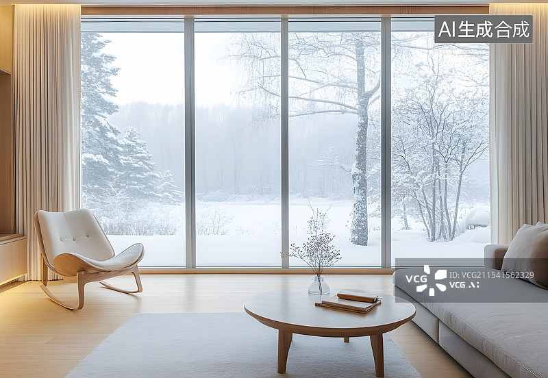 【AI数字艺术】AIGC：温暖的室内客厅和窗外冬天的雪景图片素材
