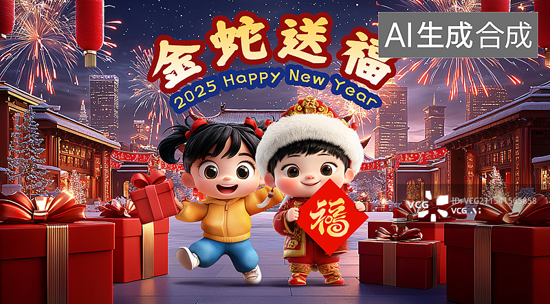 【AI数字艺术】蛇年春节海报，春节可爱风海报图片素材