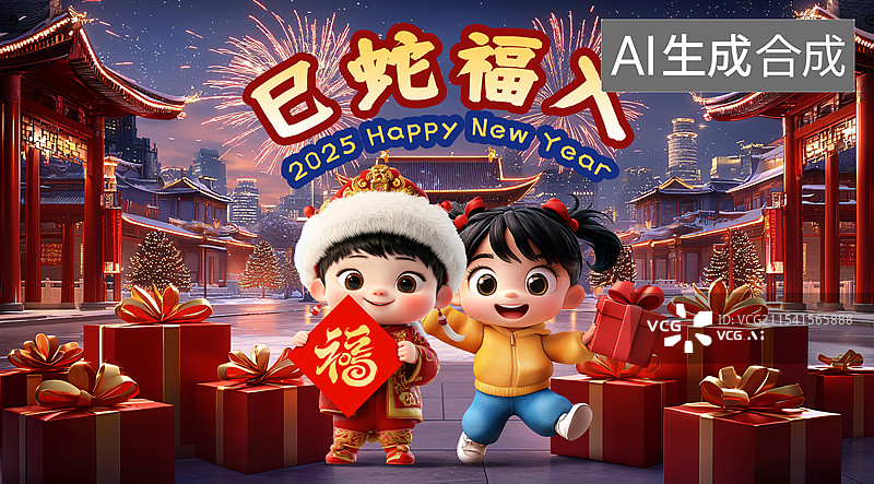 【AI数字艺术】蛇年春节海报，春节可爱风海报图片素材