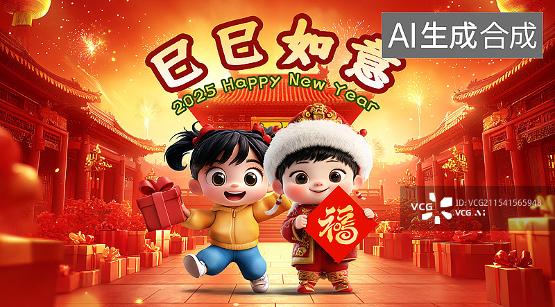 【AI数字艺术】蛇年春节海报，春节可爱风海报图片素材