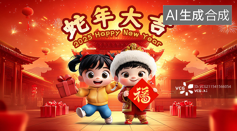 【AI数字艺术】蛇年春节海报，春节可爱风海报图片素材