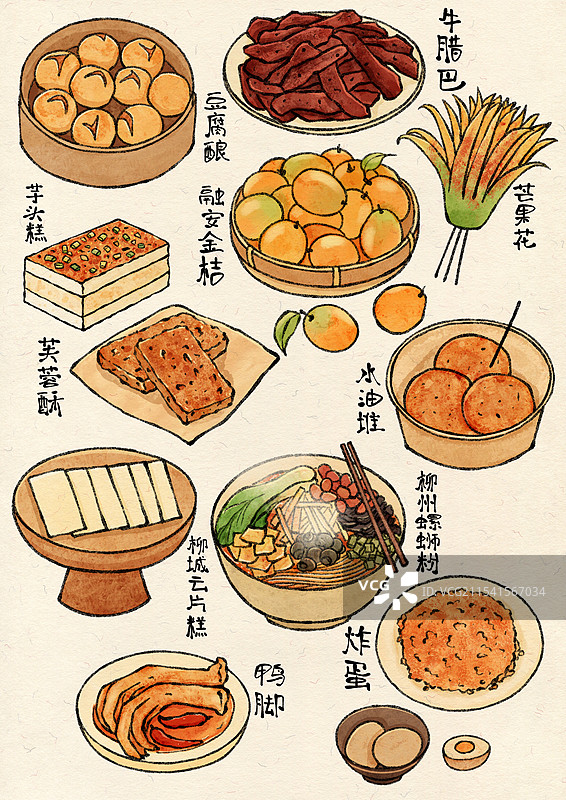 广西柳州美食国风插画图片素材