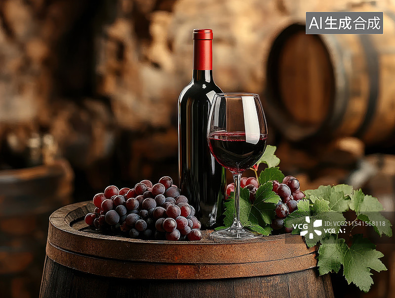 【AI数字艺术】一瓶红葡萄酒、一个玻璃杯和一串葡萄摆放在一口旧木桶上图片素材