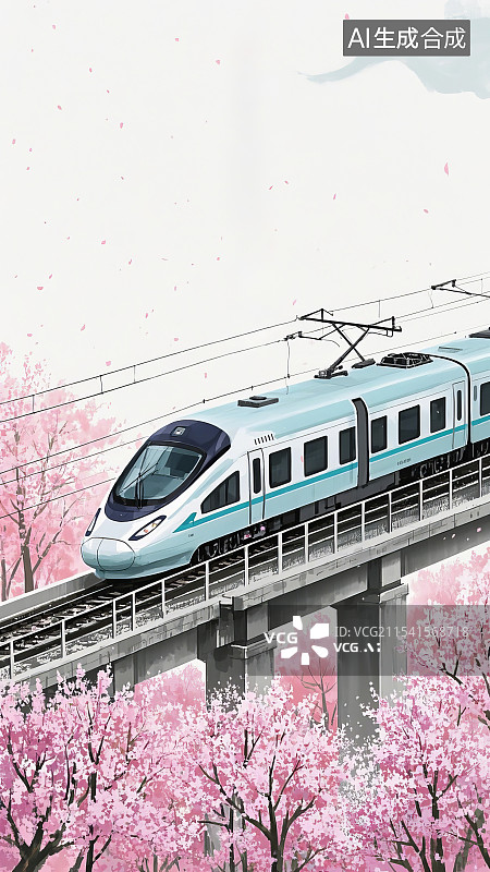 【AI数字艺术】春天里疾驰的高速列车插画图片素材
