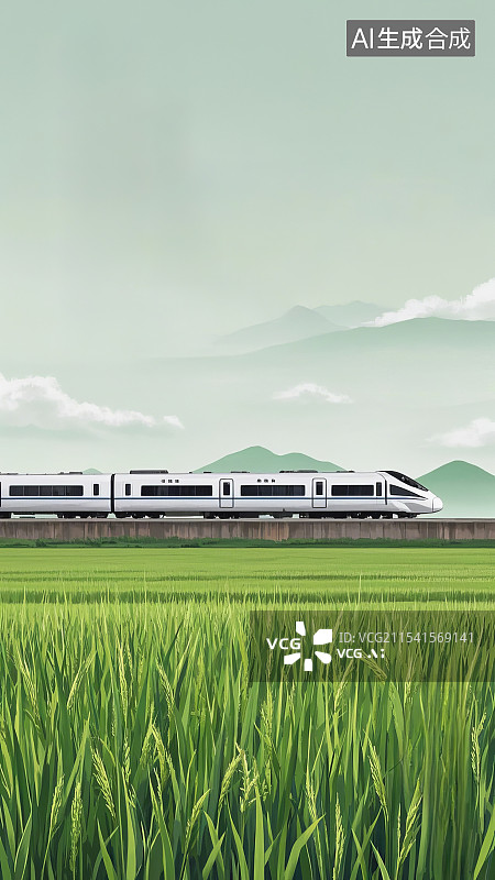 【AI数字艺术】夏天里疾驰的高速列车插画图片素材