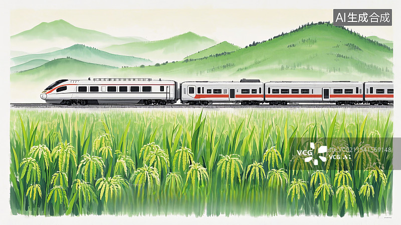 【AI数字艺术】夏天里疾驰的高速列车插画图片素材