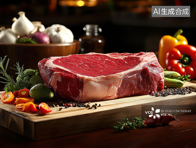 【AI数字艺术】生的牛里脊肉配迷迭香和香料放在木板上图片素材