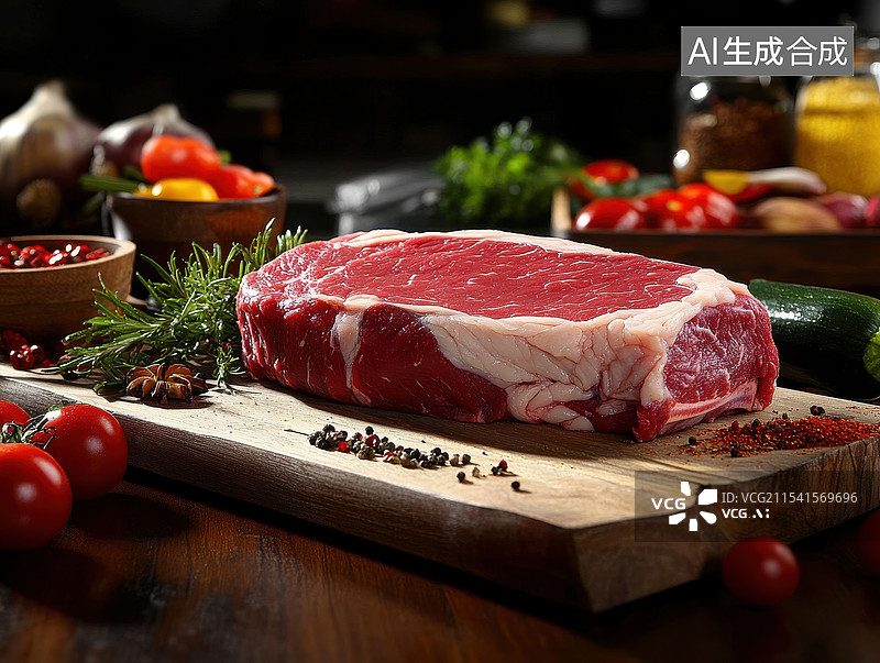 【AI数字艺术】生的牛里脊肉配迷迭香和香料放在木板上图片素材