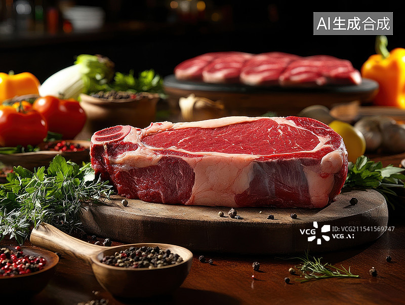 【AI数字艺术】生的牛里脊肉配迷迭香和香料放在木板上图片素材