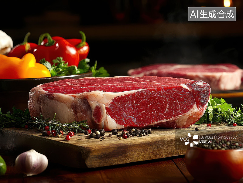 【AI数字艺术】生的牛里脊肉配迷迭香和香料放在木板上图片素材