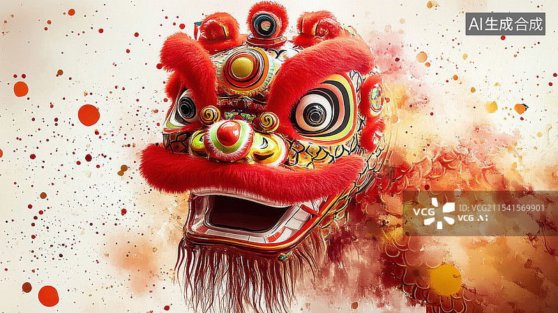 【AI数字艺术】中国传统节日春节元宵节的舞狮插画图片素材