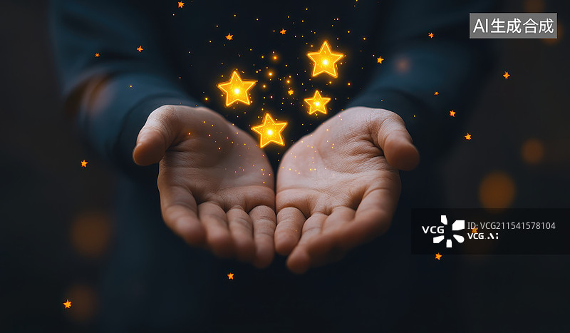 【AI数字艺术】一个人的手捧着虚拟发光的五角星，客户评价反馈服务等级满意度调查概念图片素材