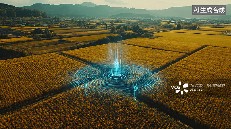 【AI数字艺术】智慧农业革命航拍无人机扫描茂盛稻田创新农业技术与蓝色扫描光精准农业和自动化作物管理抽象概念新质生产力图片素材