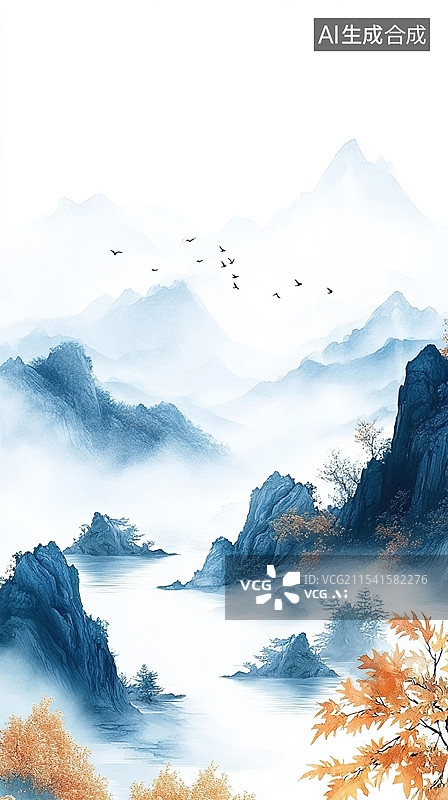 【AI数字艺术】优雅蓝白新中式山水抽象禅意构图与山峦倒影现代水墨风格设计金色植物与宁静自然元素海报图片素材