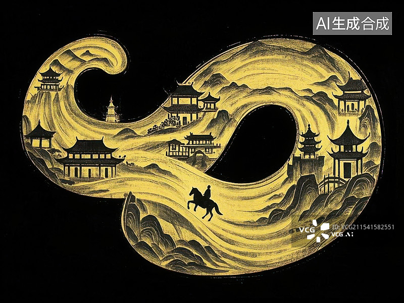 【AI数字艺术】金色丝路上的孤影，水墨丹青里的东方意境图片素材
