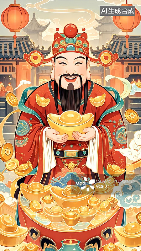 【AI数字艺术】抱着金元宝的财神图片素材