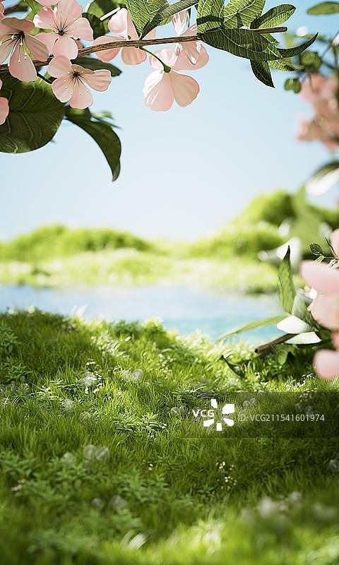 唯美绿色小清新春游旅游春天C4D春天场景图片素材