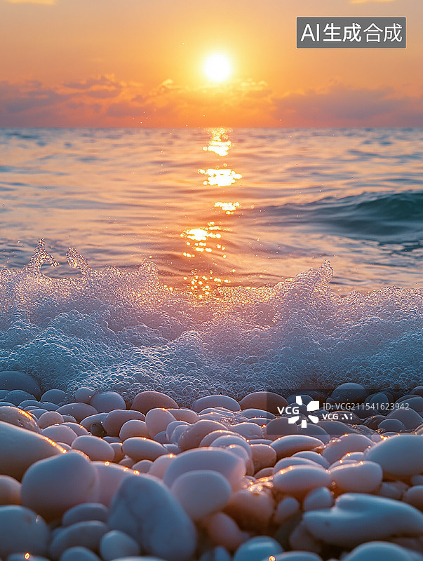 【AI数字艺术】海滩海岸边上的石头堆卵石背景图片素材