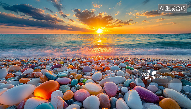 【AI数字艺术】海滩海岸边上的石头堆卵石背景图片素材