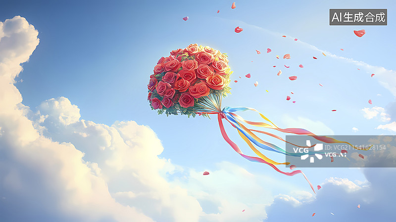 【AI数字艺术】蓝天白云漂浮玫瑰花束插画海报背景图片素材