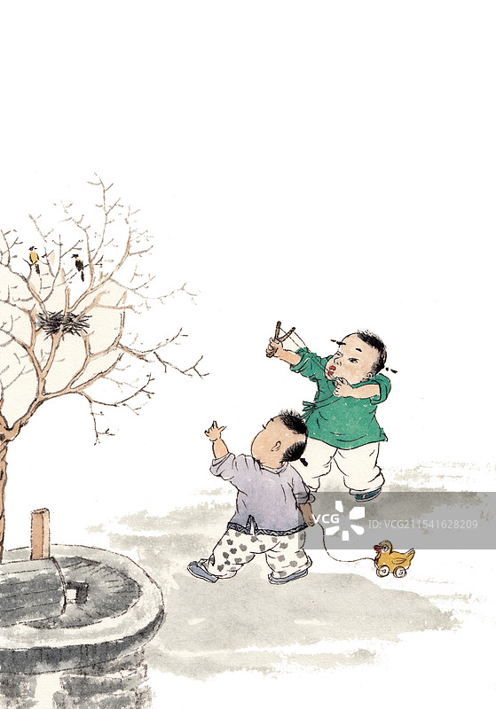 手绘水墨中国画可爱儿童童年插画图片素材