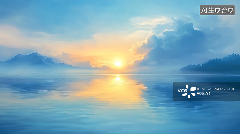 【AI数字艺术】日落的天空和水面倒影图片素材