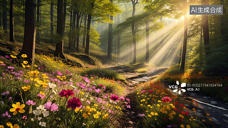 【AI数字艺术】春天里野花盛开的森林图片素材