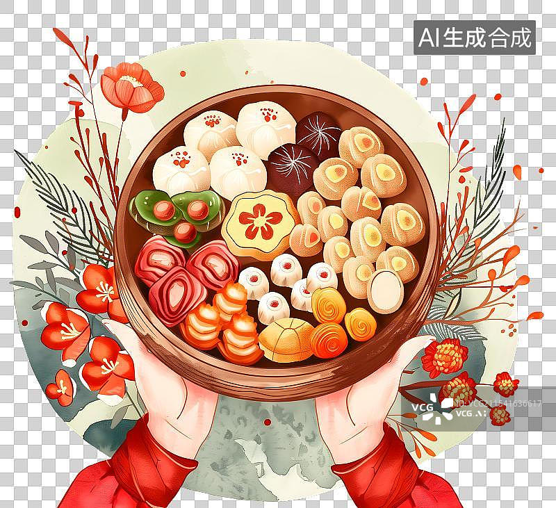 【AI数字艺术】双手捧着装满点心的新年糖果盒和水彩花卉植物图片素材