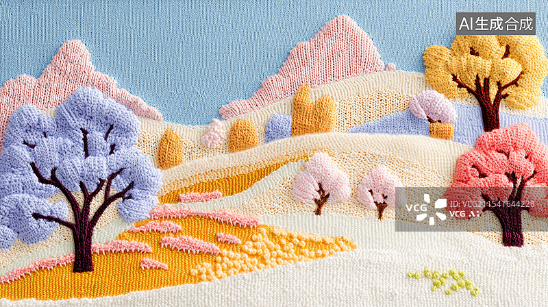 【AI数字艺术】3D编织针织刺绣可爱风田园山丘花树乡村风景春夏商务时尚插画粉色蓝色白色宁静浪漫清新复古背景图片素材