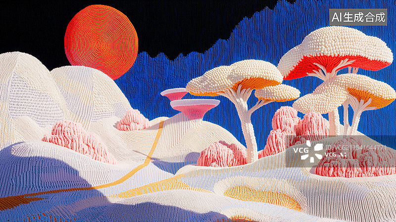 【AI数字艺术】3D太空蘑菇树太阳山脉编织针织创造力风景星空蓝商务时尚艺术插画红色蓝色童话故事华丽插图刺绣背景图片素材