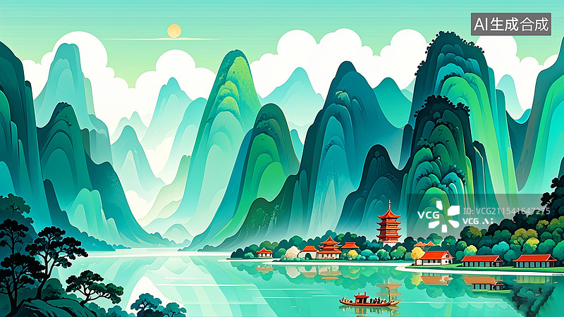【AI数字艺术】中国画国风青绿工笔山水画图片素材