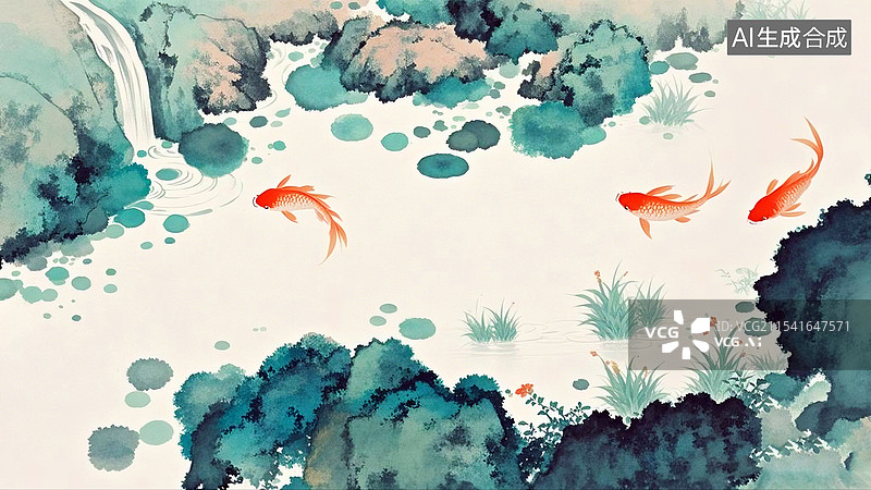 【AI数字艺术】国风锦鲤金鱼青绿山水画淡彩图片素材