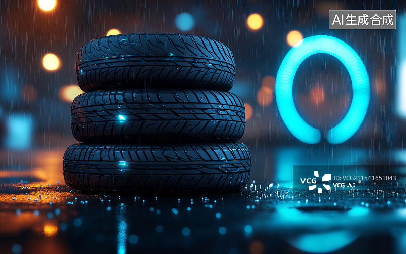 【AI数字艺术】雨夜炫酷轮胎特写，汽车维修概念背景图片素材