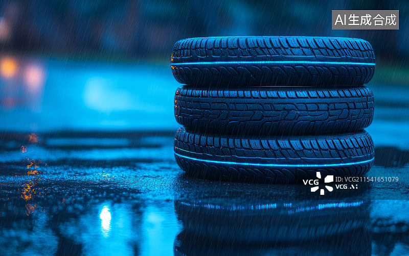 【AI数字艺术】雨夜炫酷轮胎特写，汽车维修概念背景图片素材