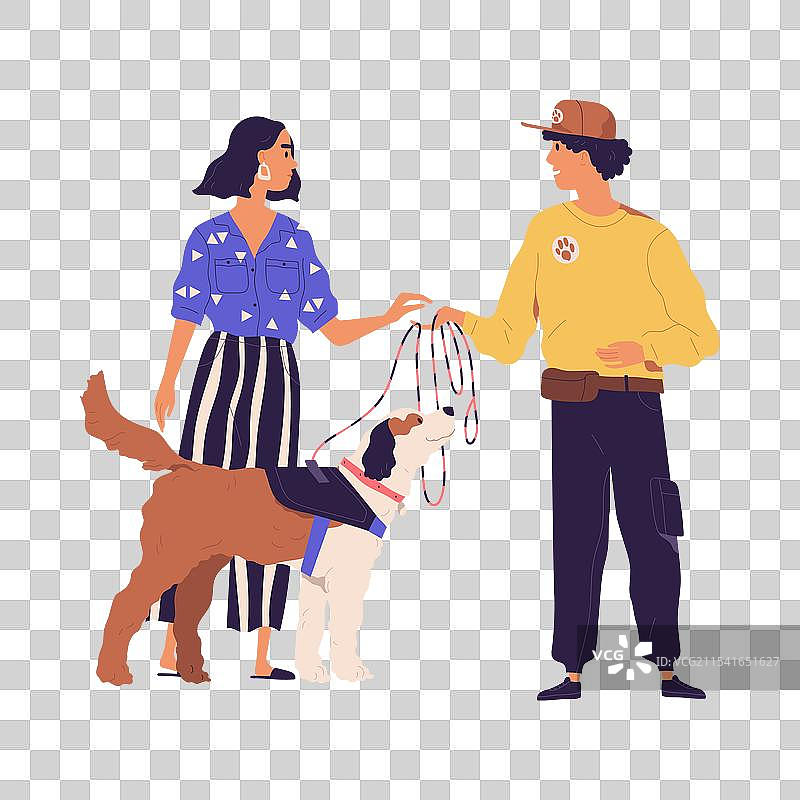 狗训练师递交牵引绳给另一位狗训练师图片素材