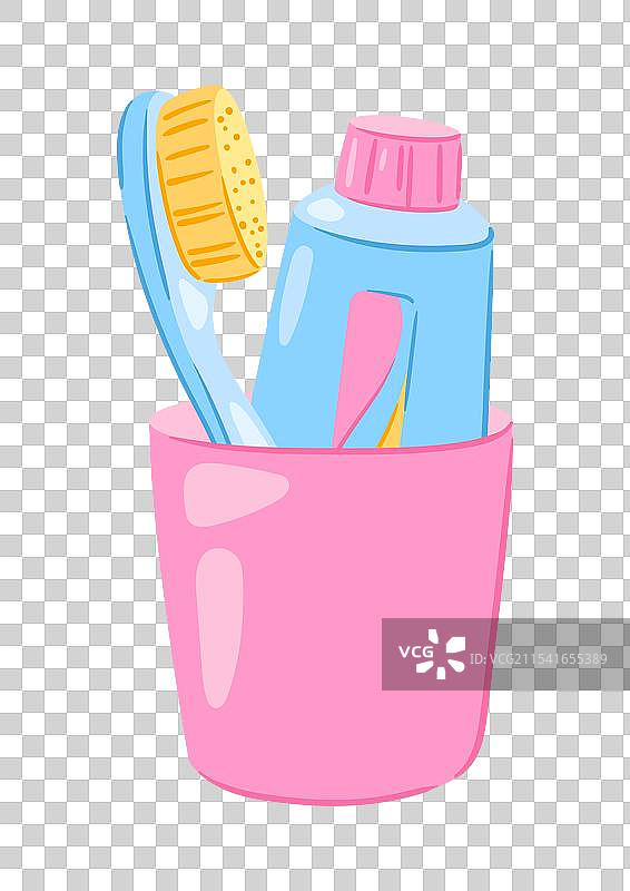 玻璃杯中的牙膏和牙刷，个人卫生用品图片素材