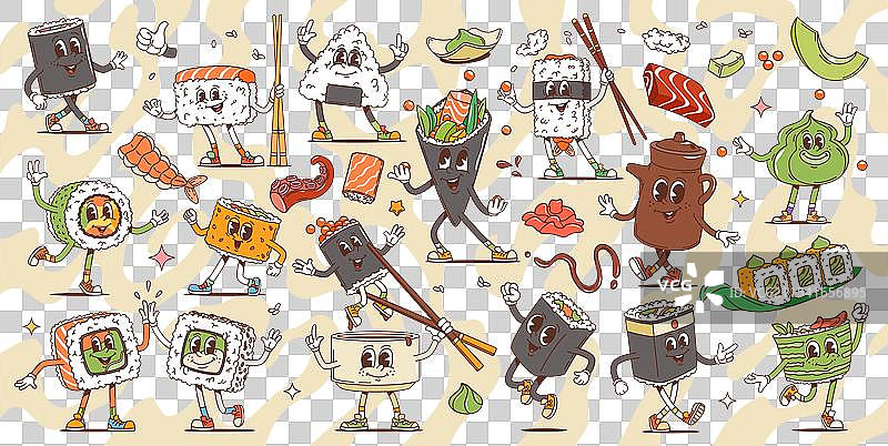 复古风格的日本寿司和卷寿司角色图片素材