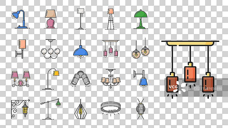 灯具颜色线条图标：灯笼、蜡烛、吊灯图片素材