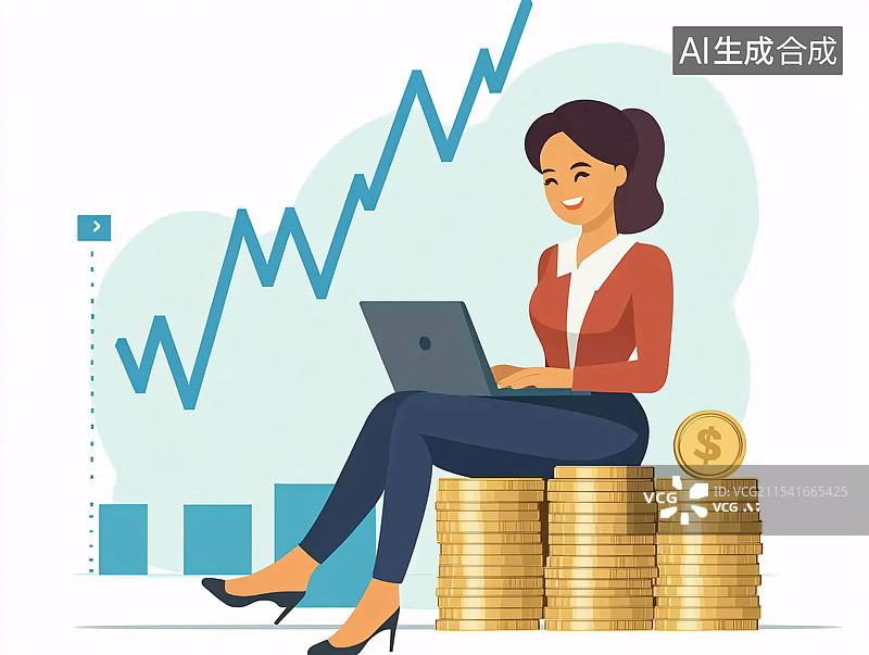 【AI数字艺术】女商人坐在堆硬币的桌上，侧视图图片素材