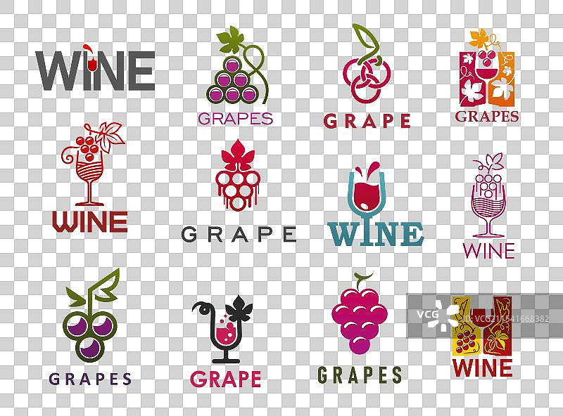 葡萄酒和酒杯图标，酒庄和葡萄园图片素材