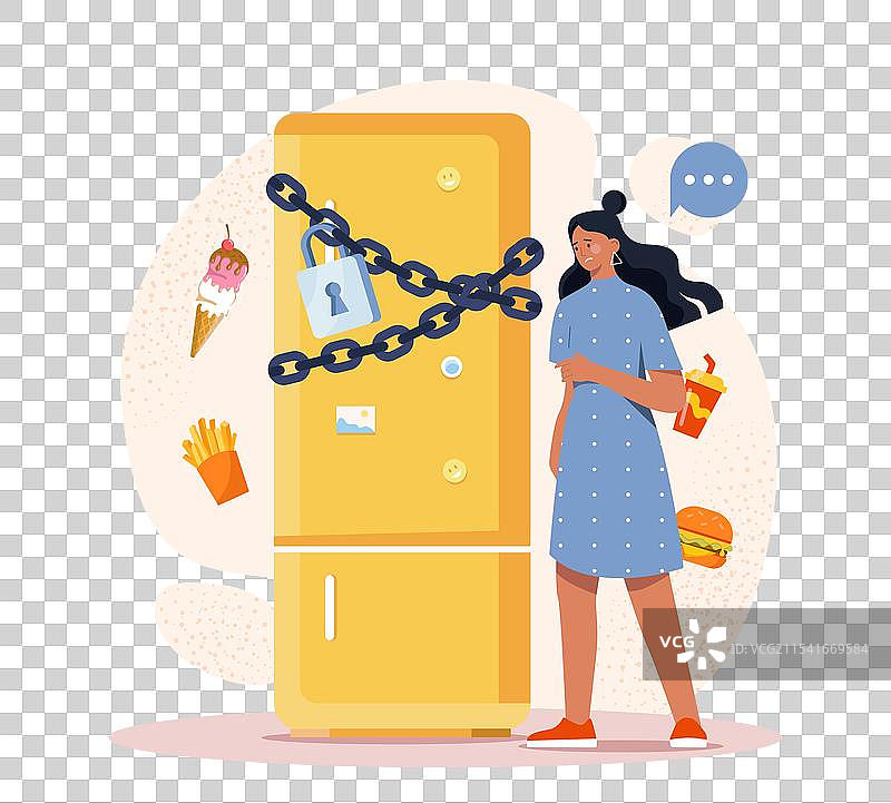 女人在关着的冰箱旁，年轻女孩正在吃东西图片素材