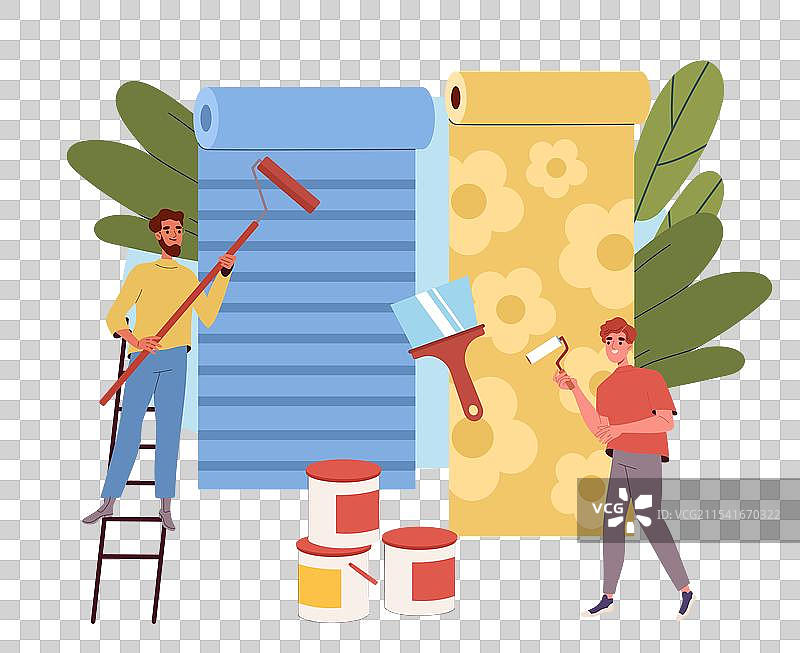 人们在贴壁纸，穿着滑轮鞋的男人图片素材