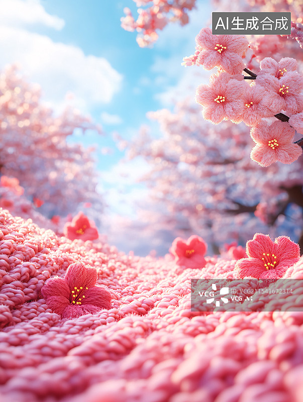 【AI数字艺术】春日公园，樱花盛开，针织面料制成，蓬松的毛绒质感风格，毛茸茸 编织风 春天的景象图片素材