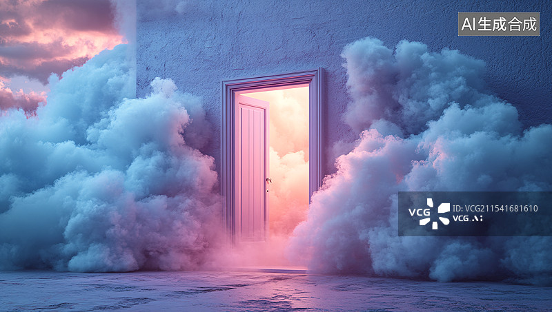 【AI数字艺术】云朵包围的半开门 粉红色云朵 云朵 梦幻场景 超现实 想象力 白色门 地面 宁静 神秘图片素材