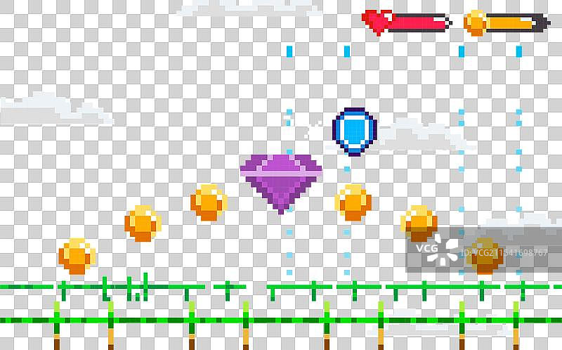 复古像素艺术视频游戏场景与跳跃者图片素材