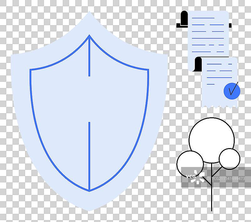 蓝色盾牌上带有勾号的文件和树图片素材