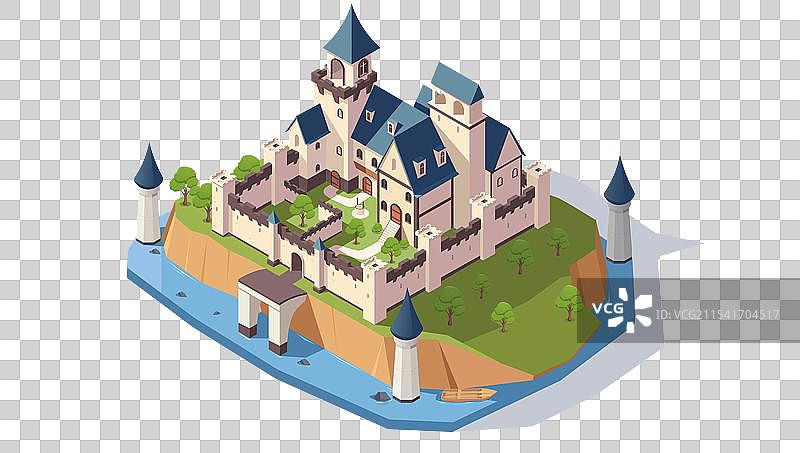 岛上有树木的城堡等角视图图片素材