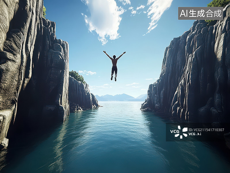 【AI数字艺术】跳水者从悬崖跳入大海图片素材